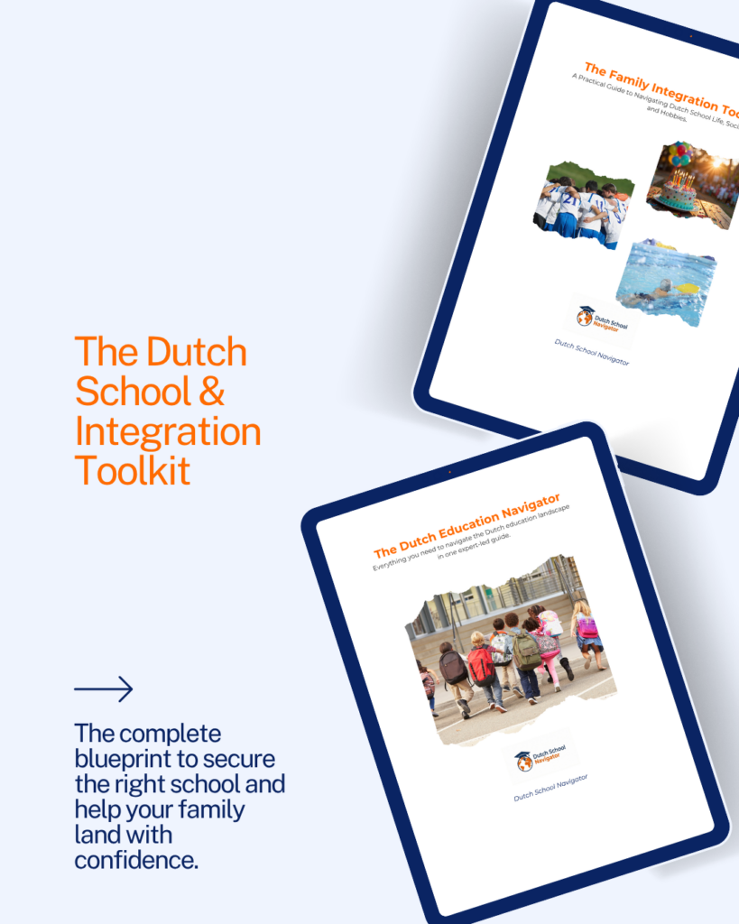 the dutch school & integration toolkit digital bundle mockup by Dutch School Navigator. A complete 2-manual collection for expat parents covering everything from school search and application to parent-teacher communication, unwritten social rules and everything there is to know about dutch sports, culture and hobbies.